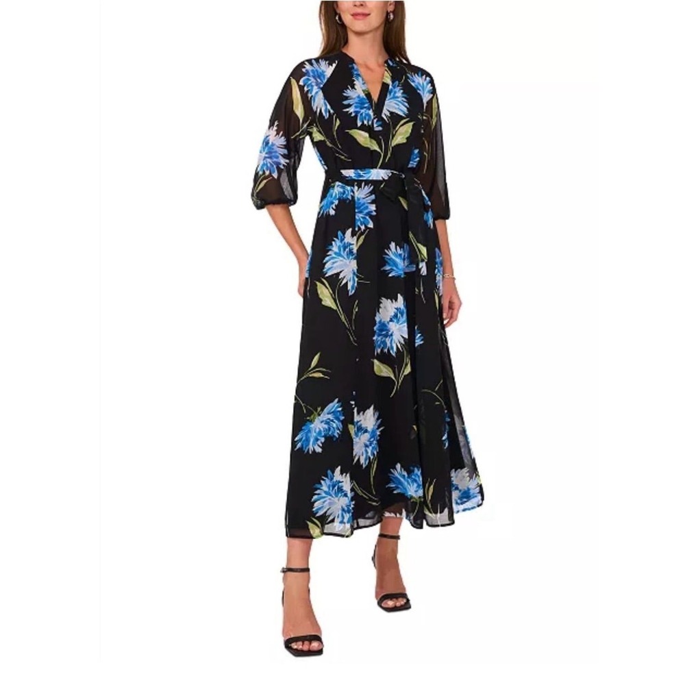 Vince Camuto NWT Chiffon Sheer Sleeve Belted Midi Dress Blue Floral Wrap XS